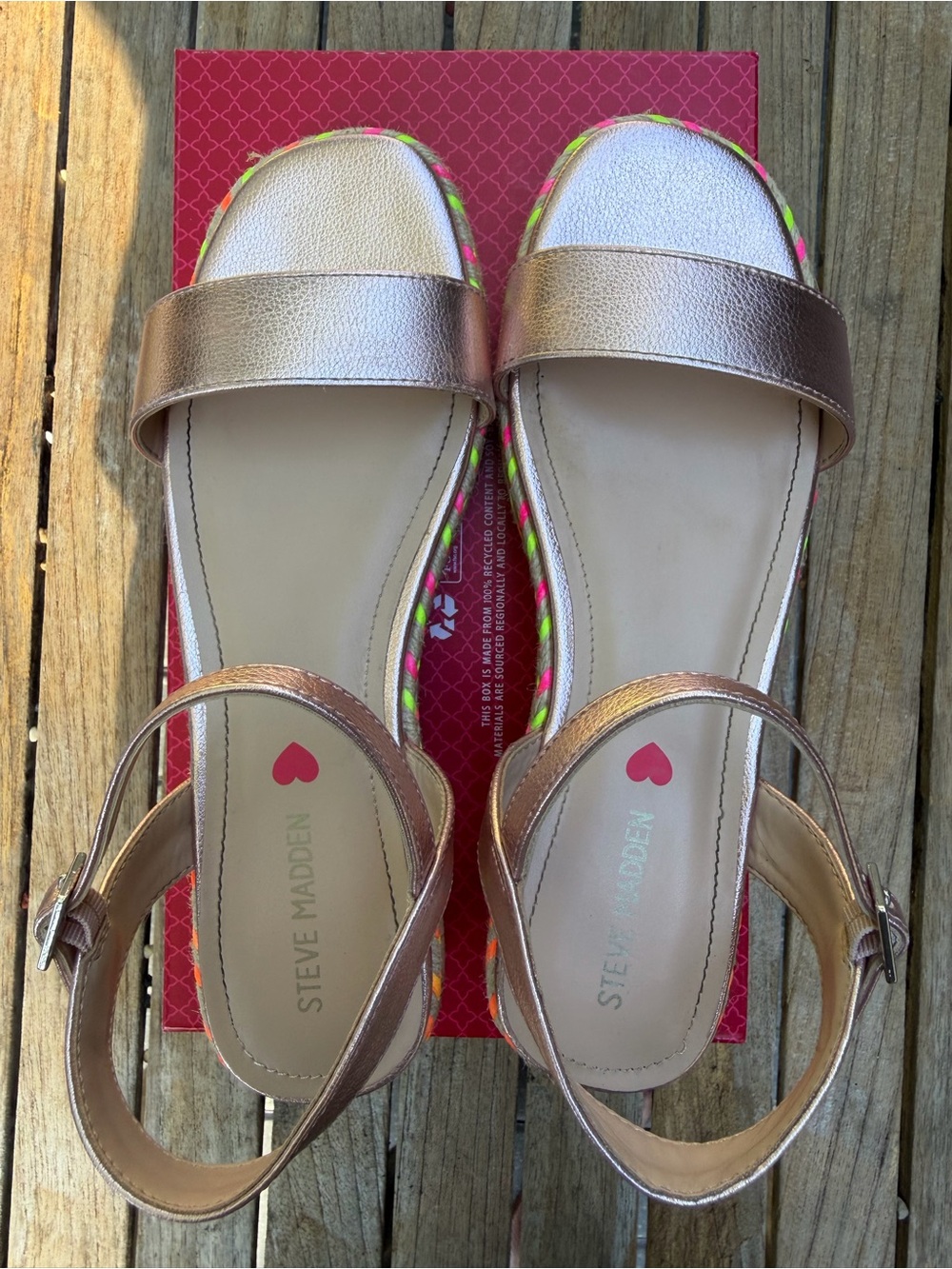 Steve Madden Metallic Rose Gold Girls' Open-Toe Sandals with Neon Accent